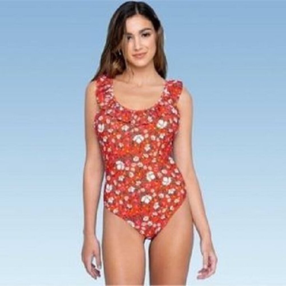 Sugar Coast By Lolli Juniors One Piece Ruffle Red Floral Swimsuit